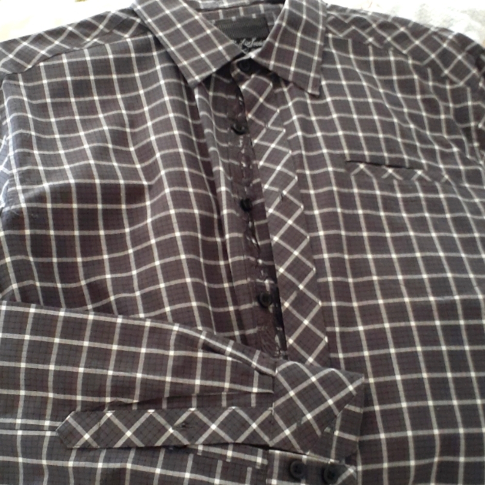 Shirt, grey, with white checkerboard pattern, large, long sleeve, slim fit